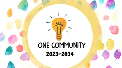  One Community 2023-2024 logo on watercolor dot background